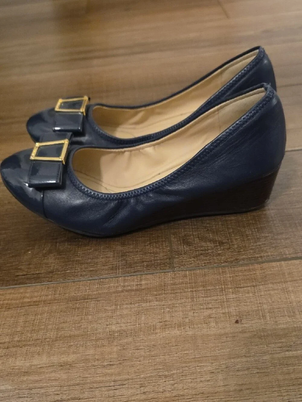 Cole Haan Navy Patent Ballet Flats with Gold Buckle